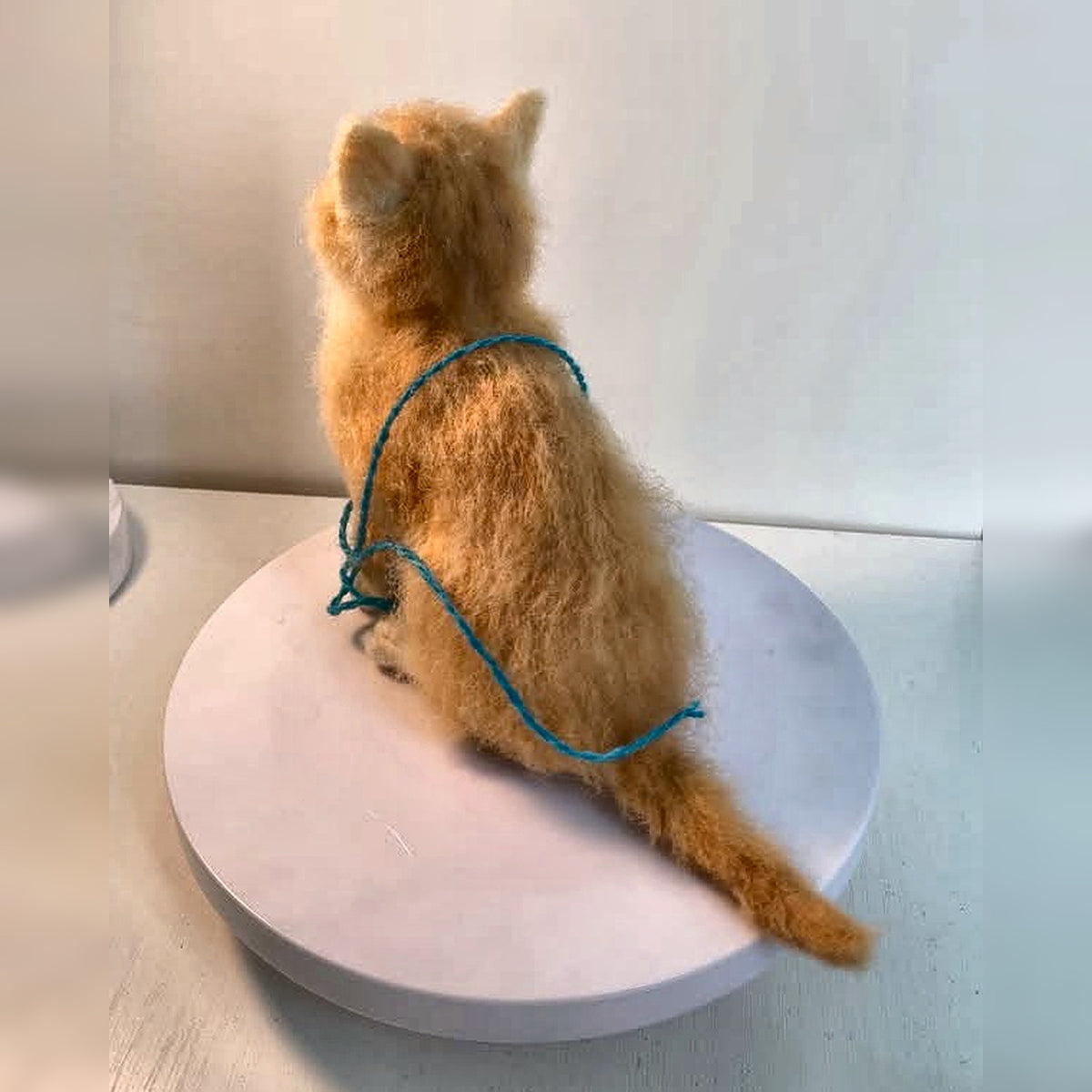 Rear-side view of the orange felt kitten figurine showing its long tail; square image