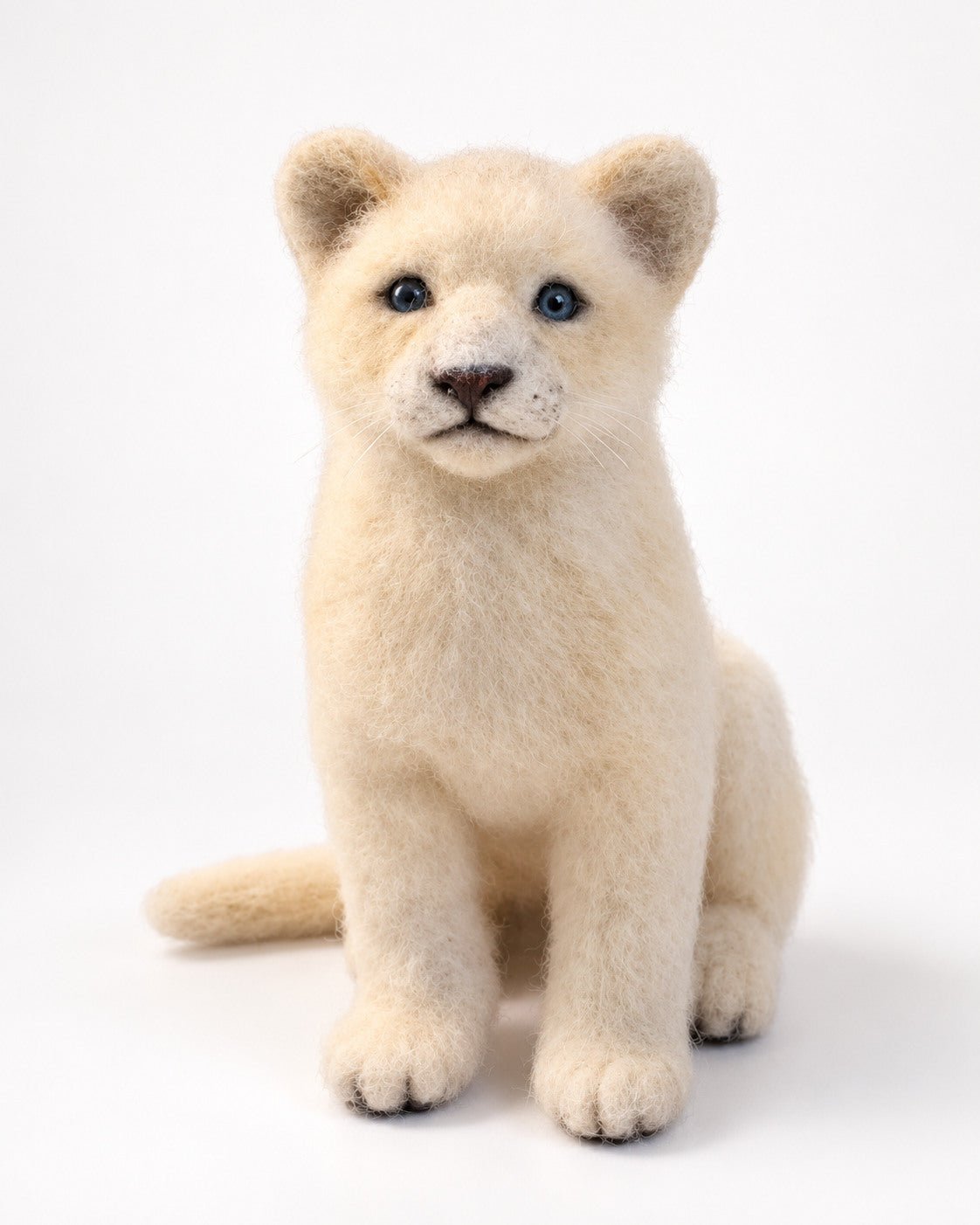 Front view of a cream-white felted lion cub sculpture, with blue eyes, rounded ears and a seated pose